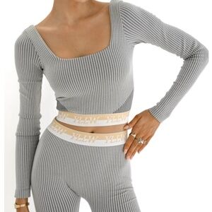 Yellow the Label Isa Ribbed Long Sleeve Neutral Grey